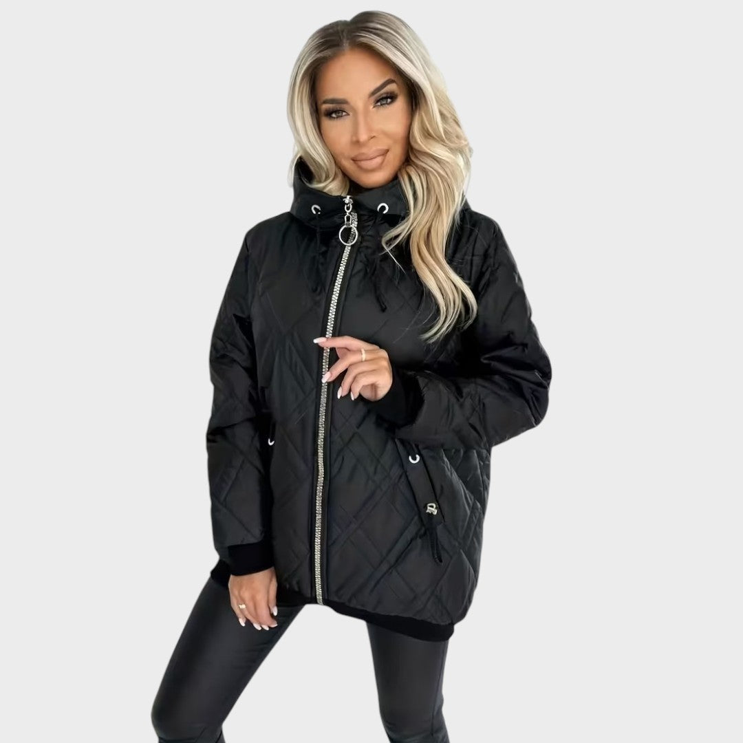 Esther diamond-quilted hooded jacket in black, front view