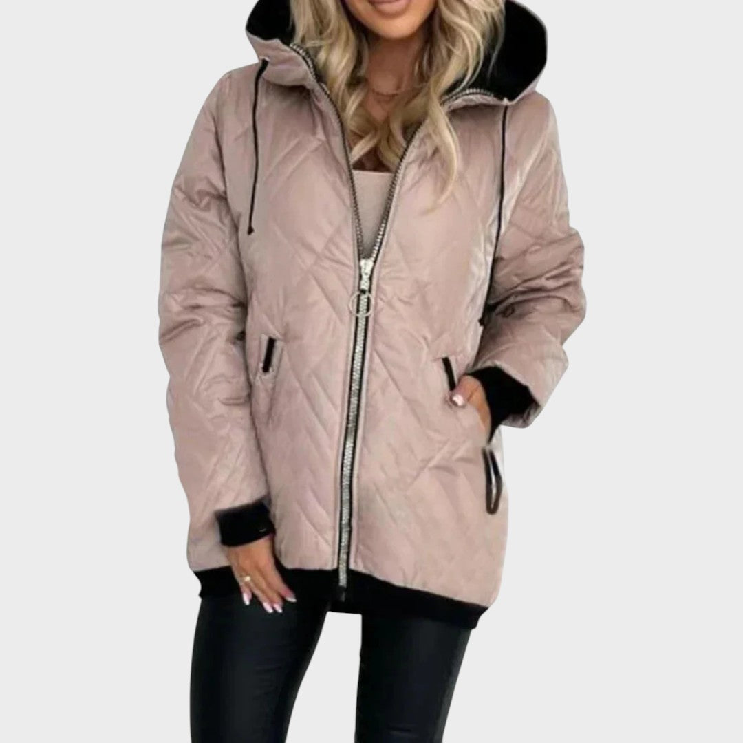 Esther diamond-quilted hooded jacket in pink, worn open with hood