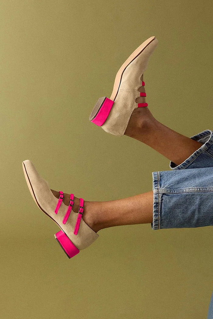 Beige Colour-Block Low Heels with Multiple Straps and Buckles