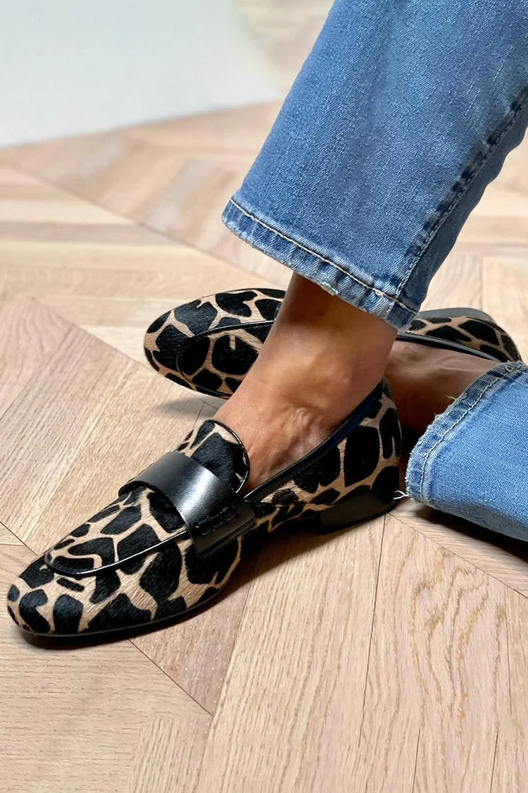 Cow Print Colour-Block Round-Toe Slip-On Loafers