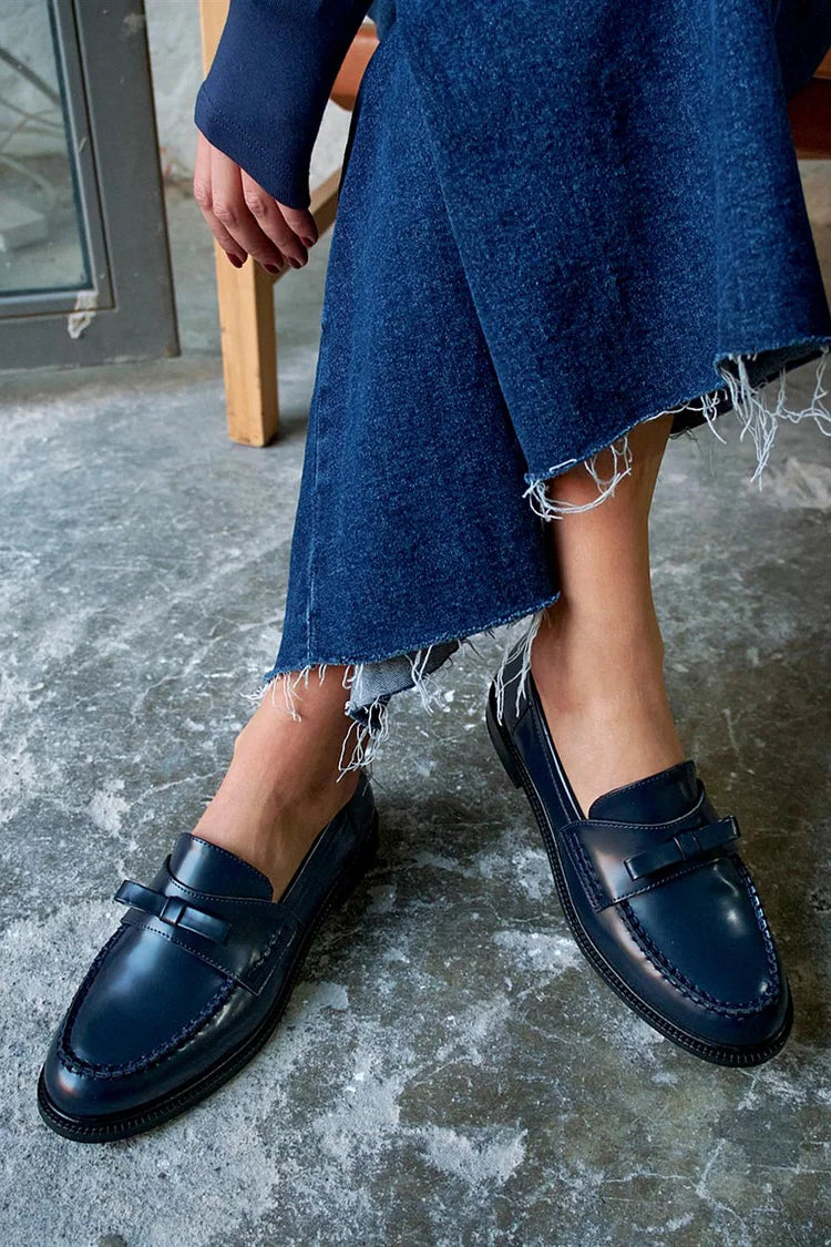Navy Patchwork Round-Toe Loafers with Bow