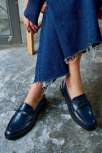 Navy Patchwork Round-Toe Loafers with Bow