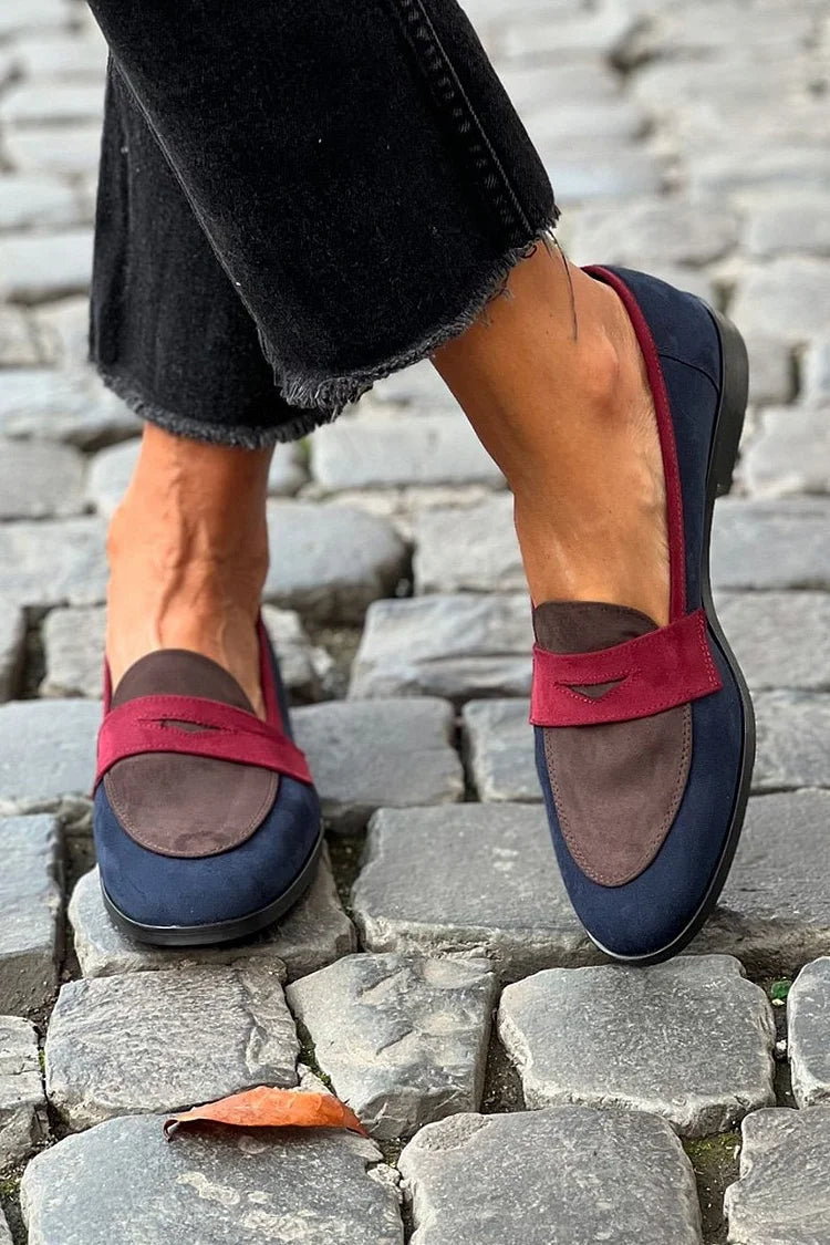 Navy Colour-Block Patchwork Round-Toe Loafers