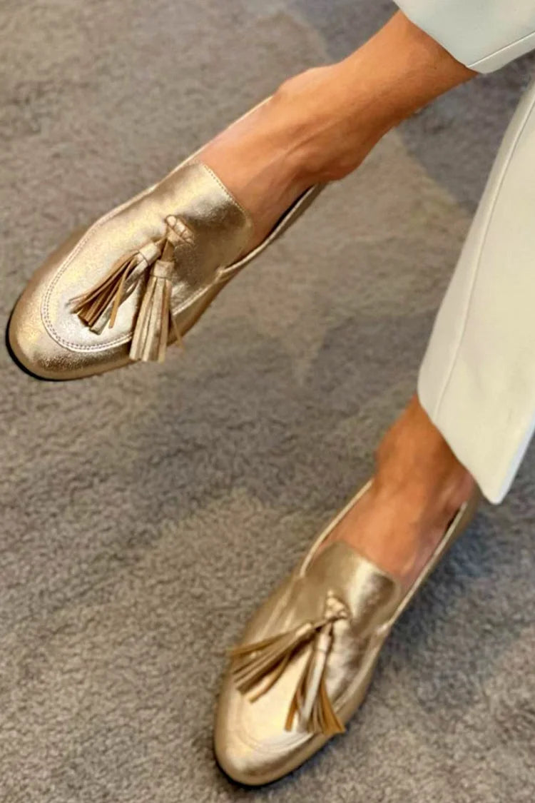 Gold Metallic Glossy Loafers with Visible Stitching