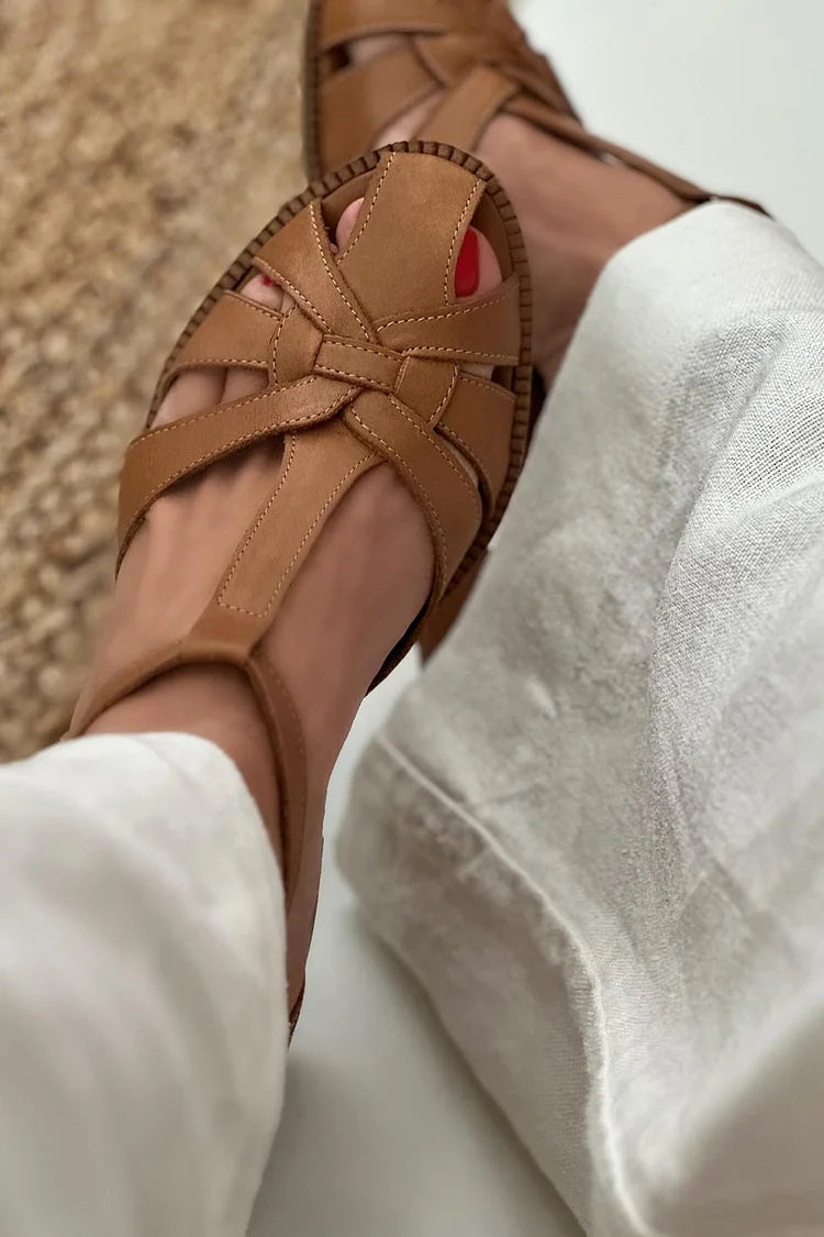 Brown Woven Cut-Out Block Heels with T-Bar Strap and Buckle