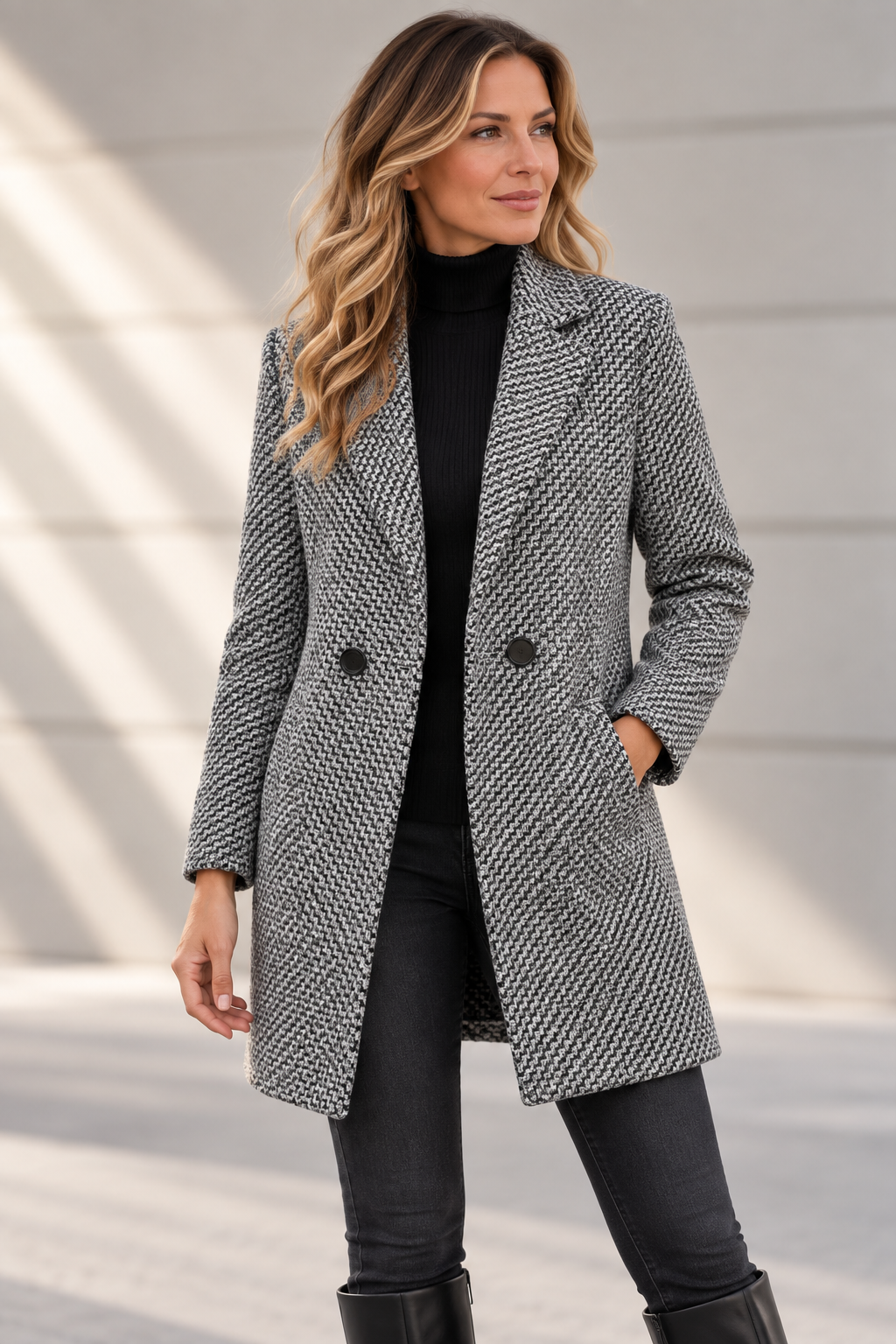 Venetia long wool coat in black and white, front view with two-button fastening