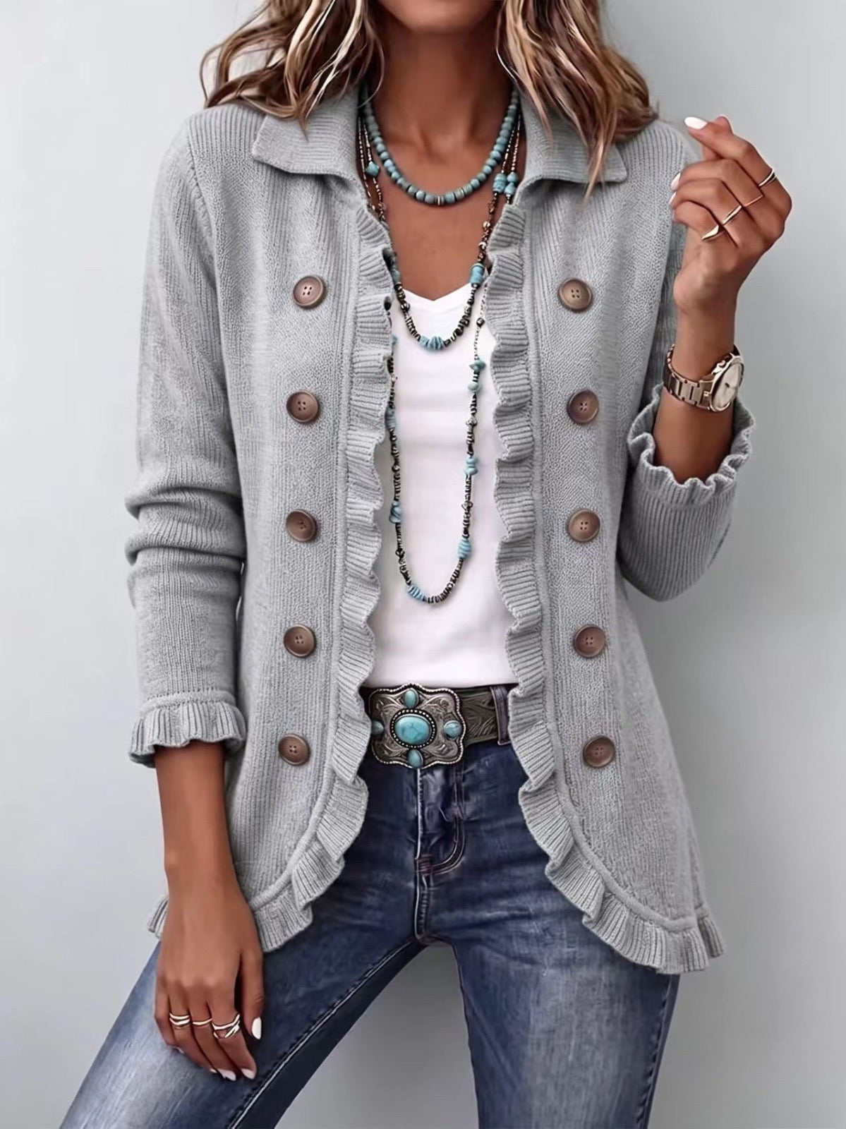 ELOÍSA | HEATHER GREY KNIT RUFFLE JACKET