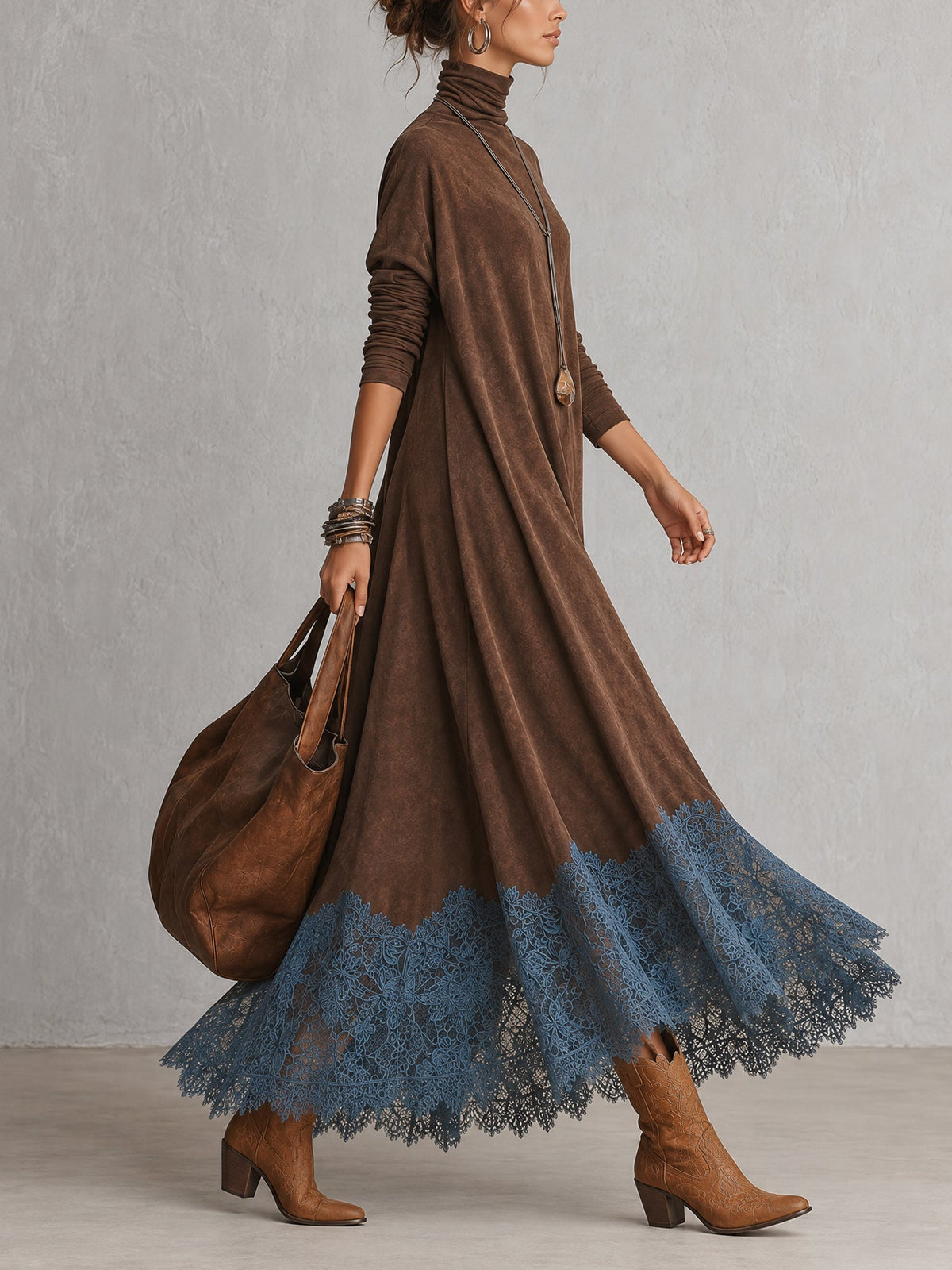 Lilibet lace hem maxi dress in brown, walking side view