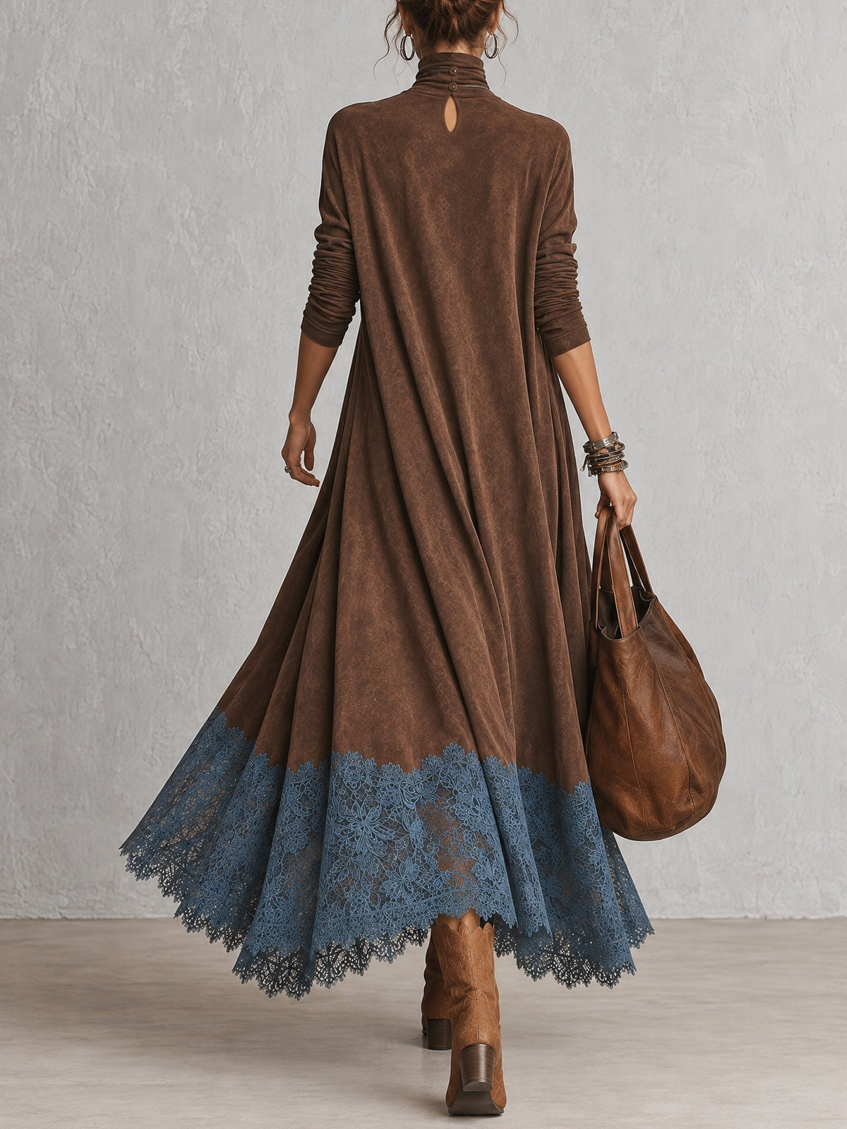 Lilibet lace hem maxi dress in brown, back view