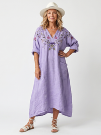 TAVI | FLORAL EMBROIDERED OVERSIZED POCKET MIDI DRESS