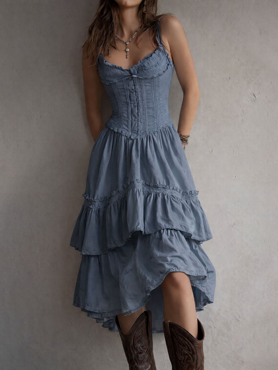 Rosanna lace-trimmed tiered midi dress in dusty blue, front view