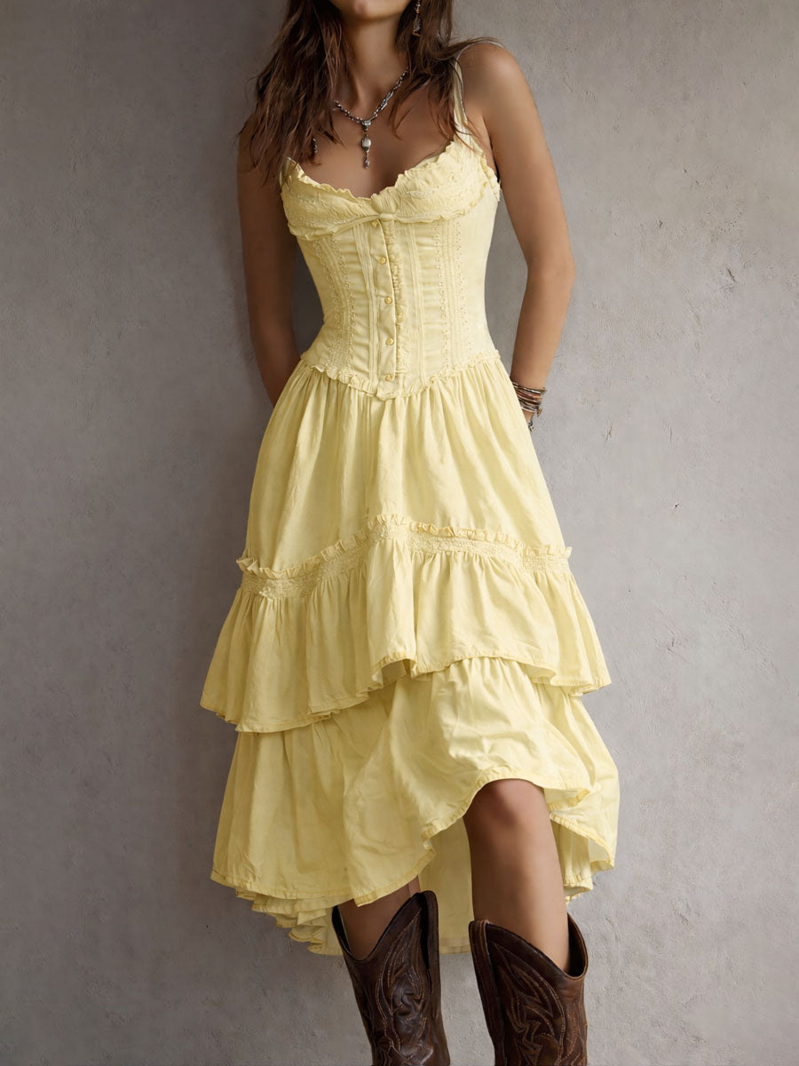 Rosanna lace-trimmed tiered midi dress in light yellow, front view