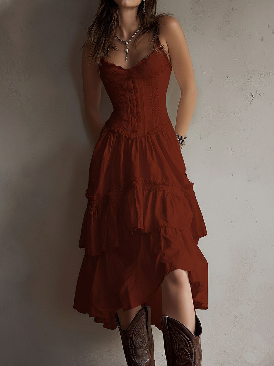 Rosanna lace-trimmed tiered midi dress in rust, front view