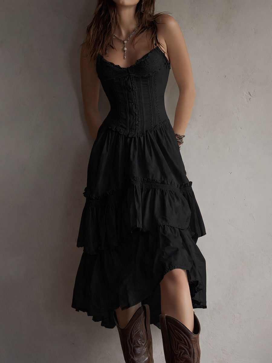 Rosanna lace-trimmed tiered midi dress in black, front view
