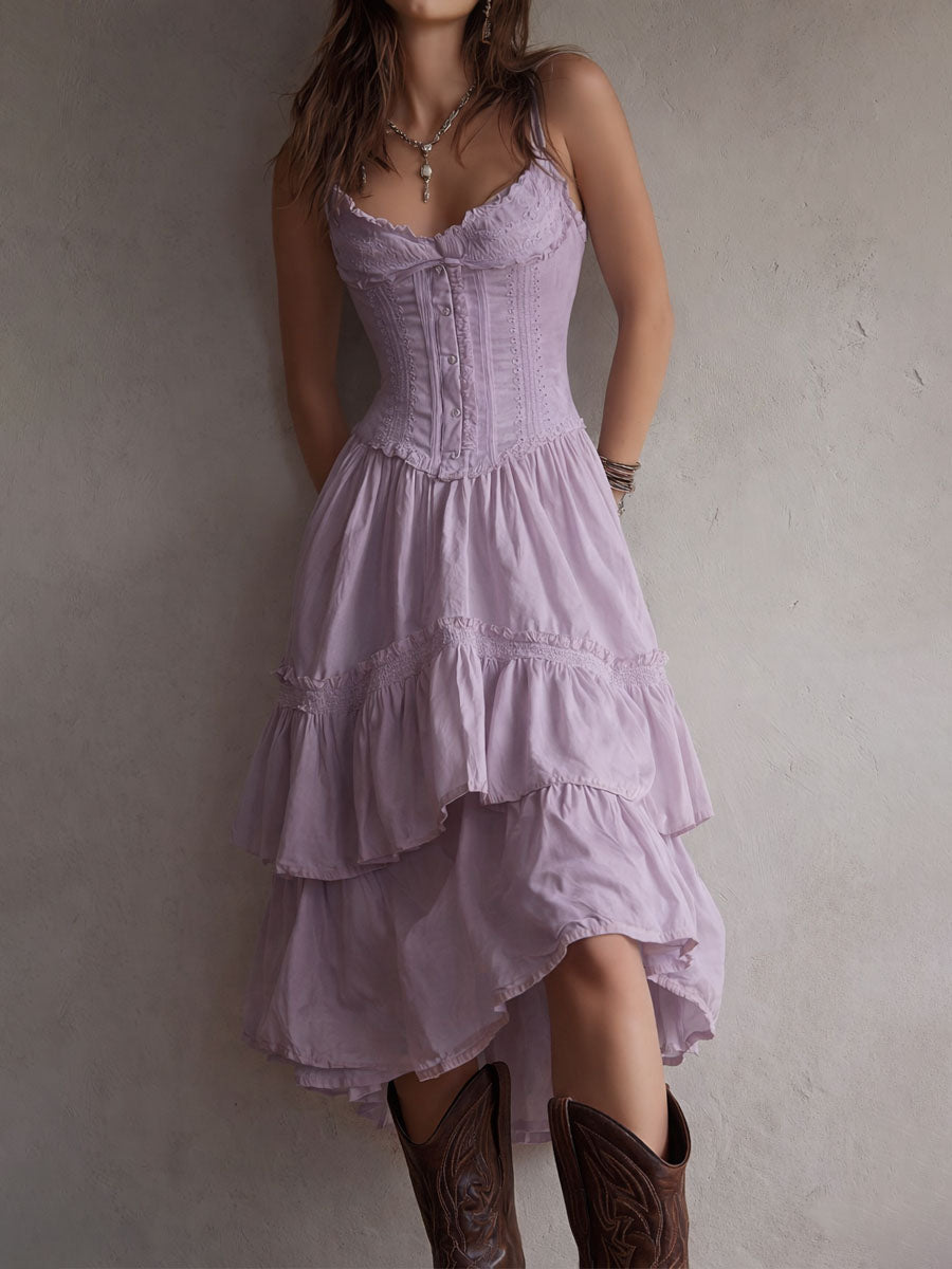 Rosanna lace-trimmed tiered midi dress in lilac, front view