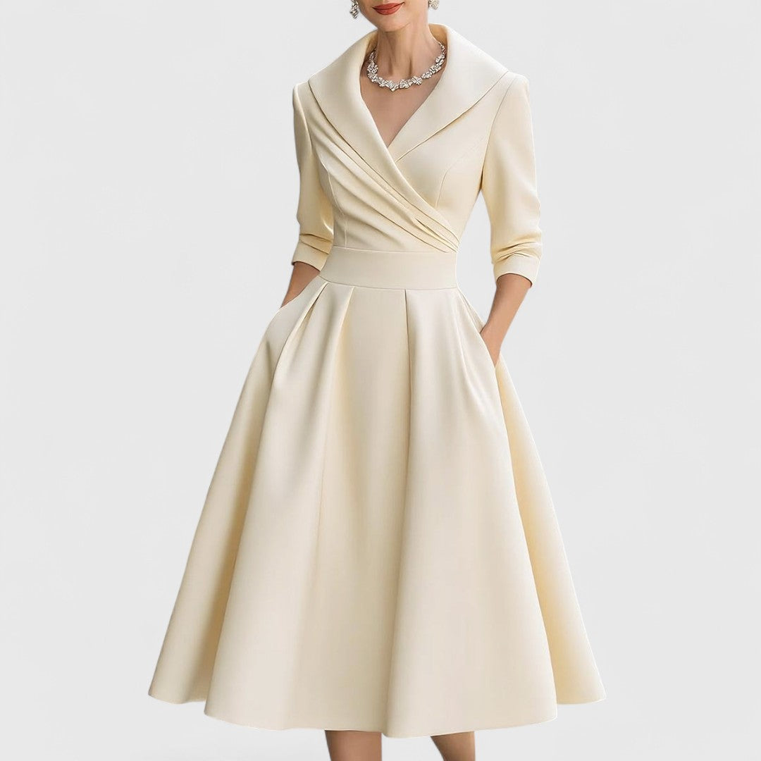 Sian wrap midi dress in beige, front view