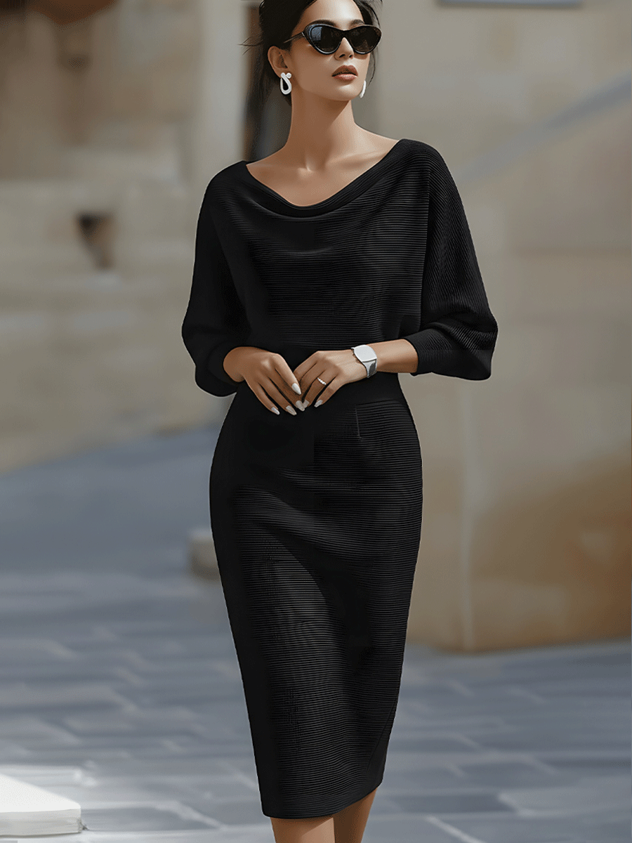 Cicely knit midi dress in black, front view with sunglasses
