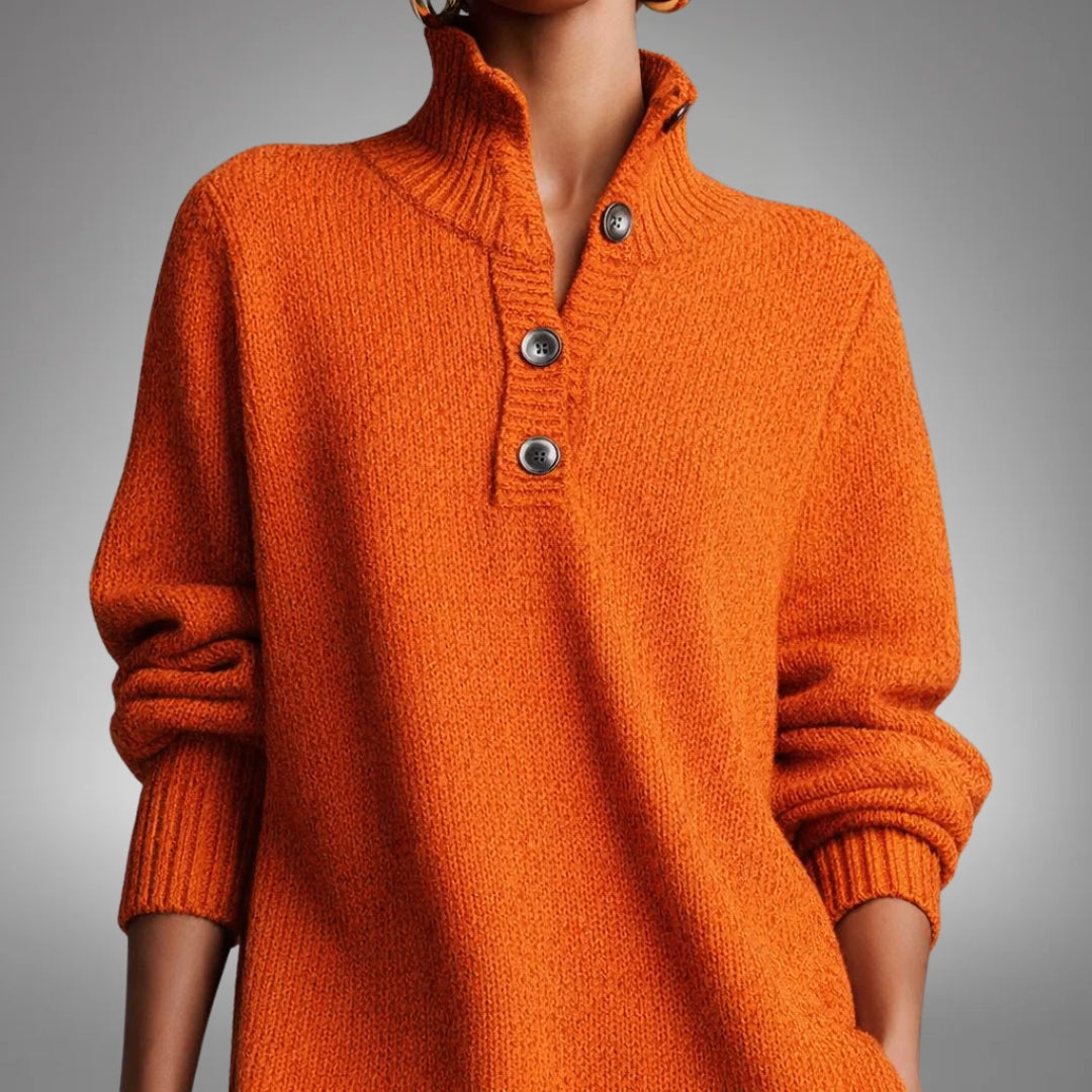 Effie knit midi dress in orange, close-up of buttoned collar and ribbed cuffs