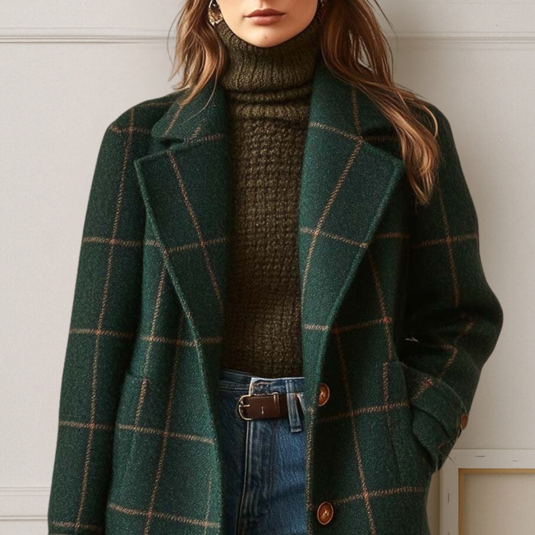 Mathilda long tweed-look check coat in dark green, close-up of notched lapels