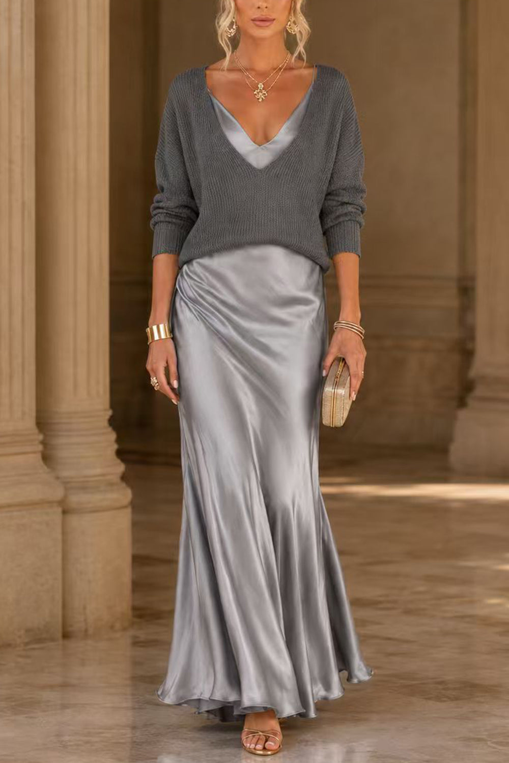 Jessa jumper and satin maxi dress set in grey, front view