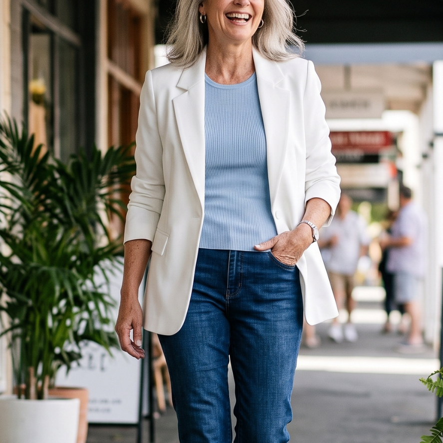 Charlotte notched lapel blazer in white, worn open while walking