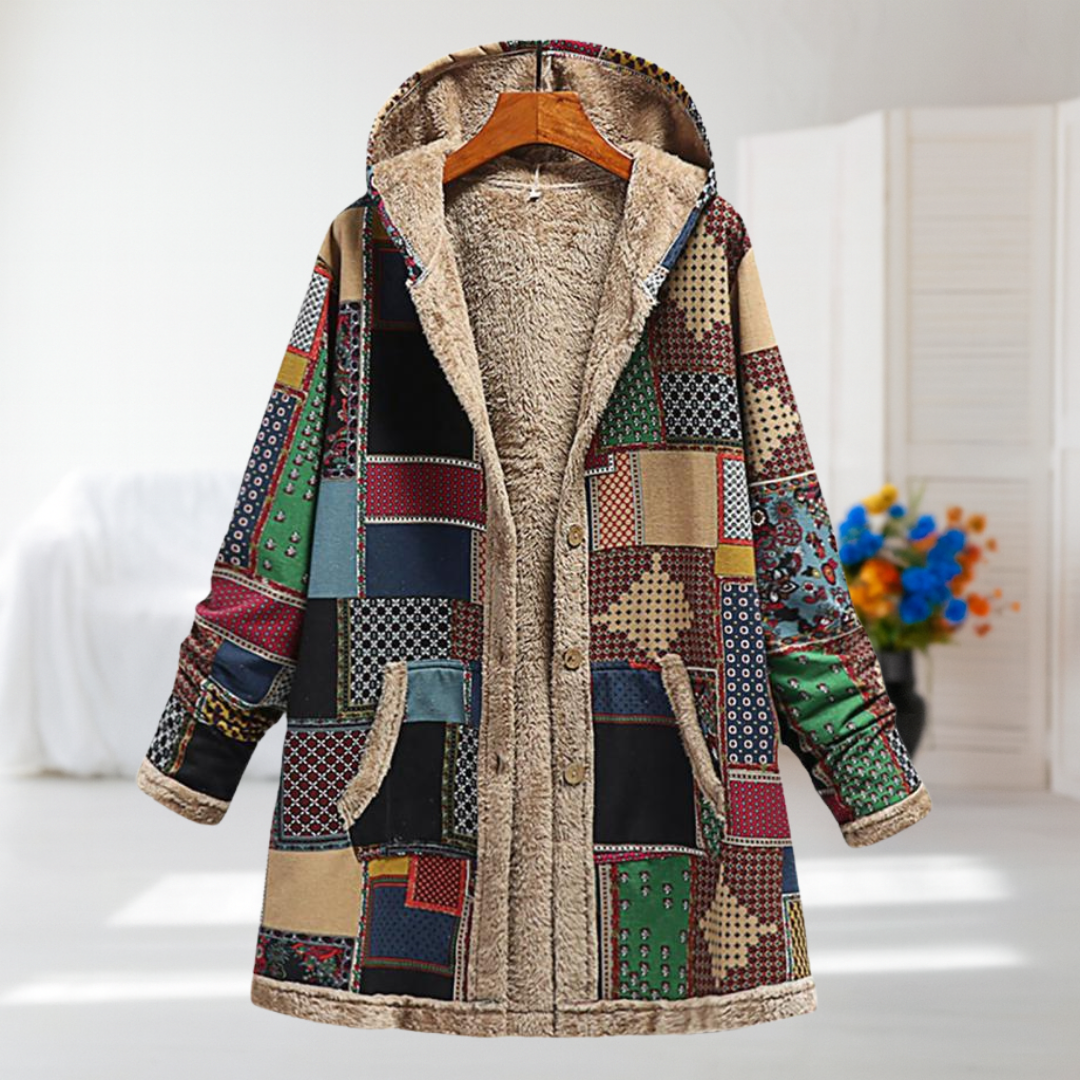 Hilary hooded patchwork coat in green multicolour with plush-trimmed hood and pockets, front view