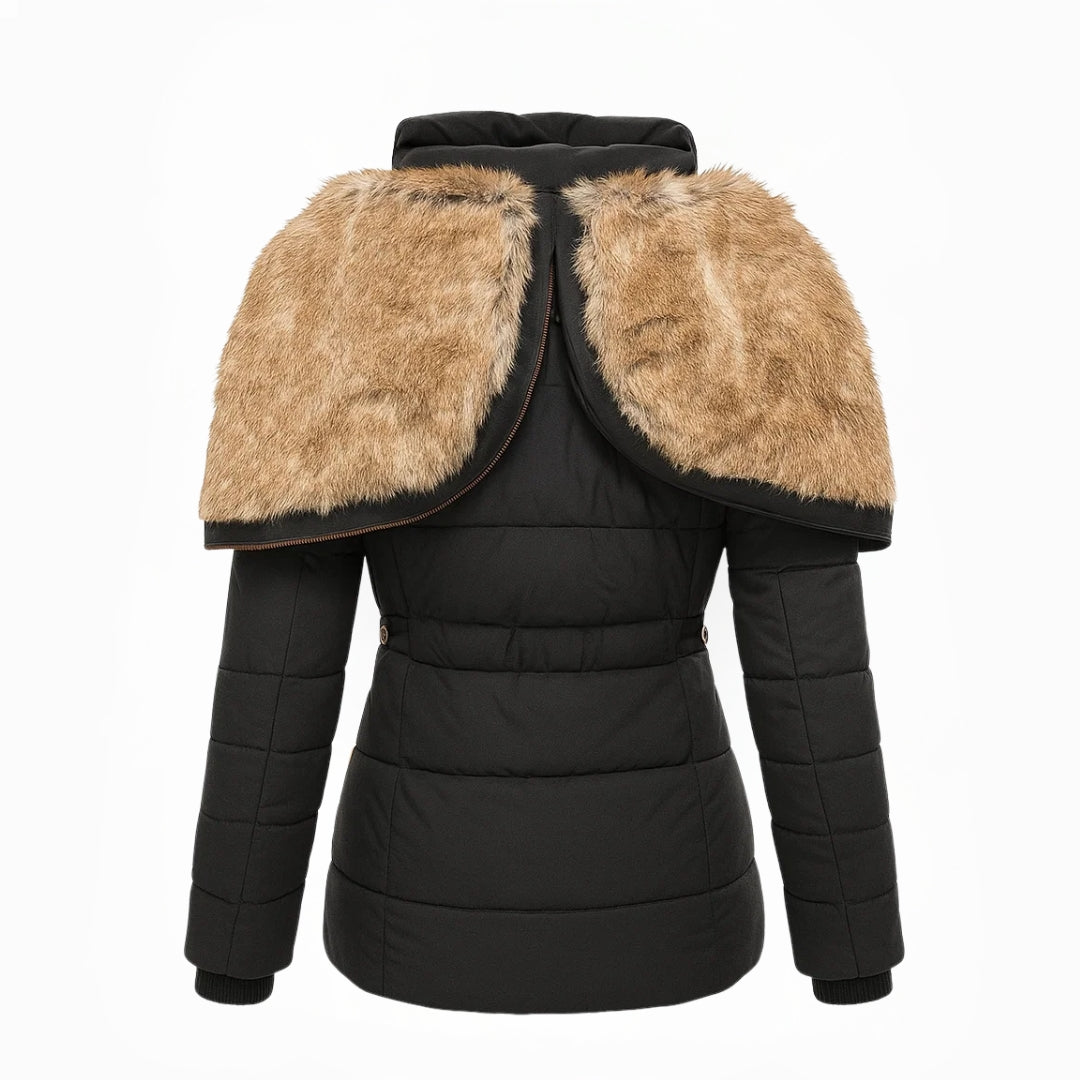 Marguerite warm padded winter coat in black, back view with hood lowered