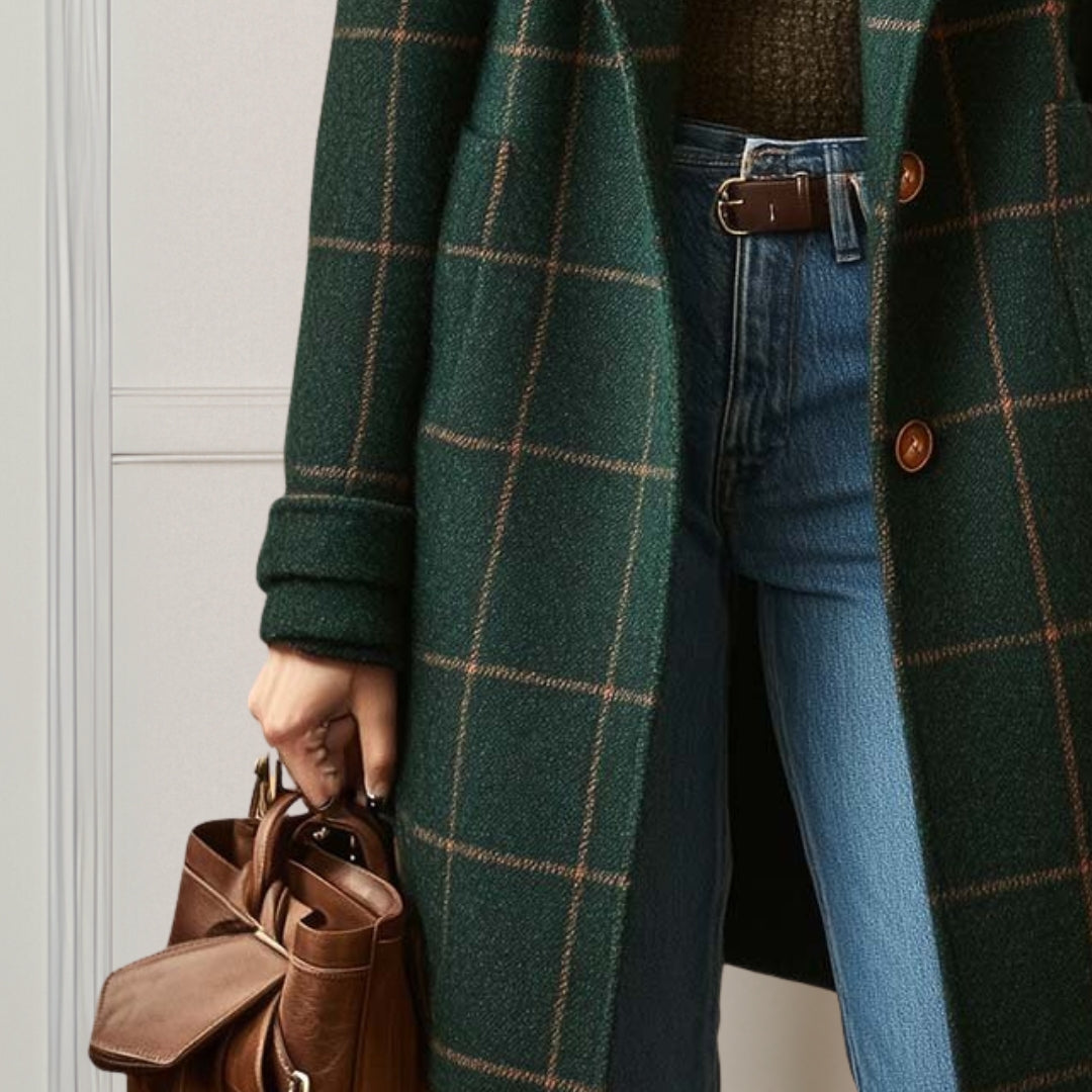 Mathilda | Long Tweed-Look Check Coat