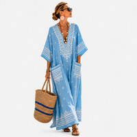LONG KAFTAN | SKY BLUE AZTEC EMBROIDERY