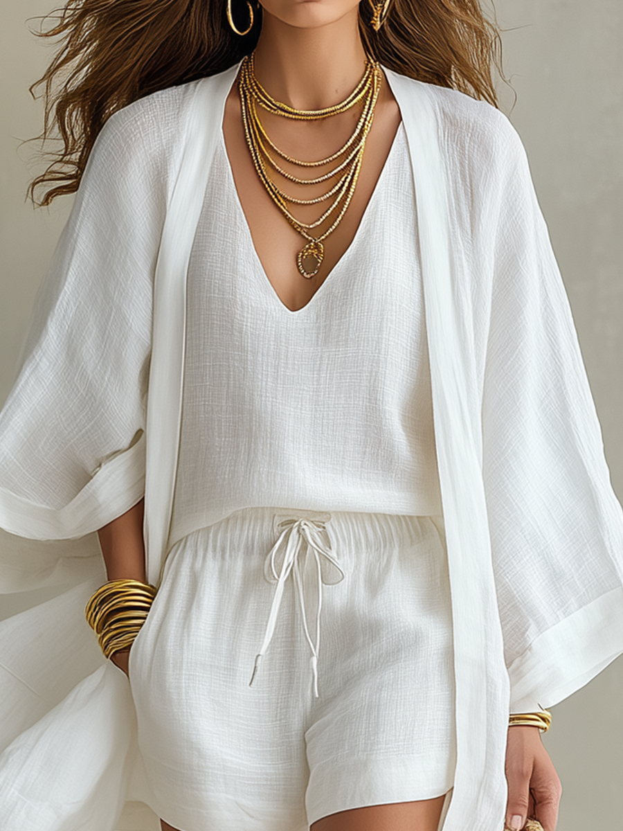 Isobel three-piece linen-look set in white, close-up of V-neck top and drawstring waist