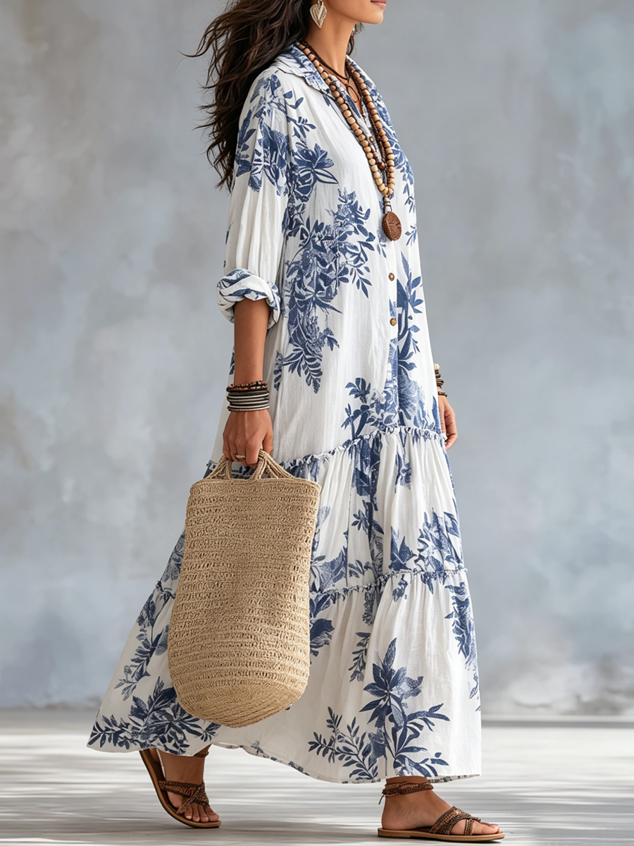 Heidi long blue floral dress in white and blue, full-length side view