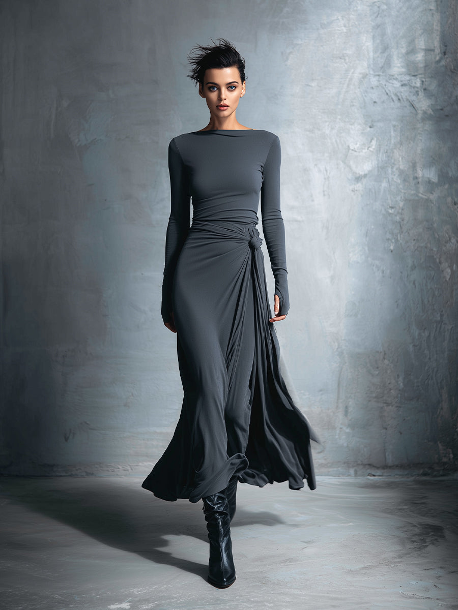 Posy side-knot maxi dress in grey, full-length front view in motion