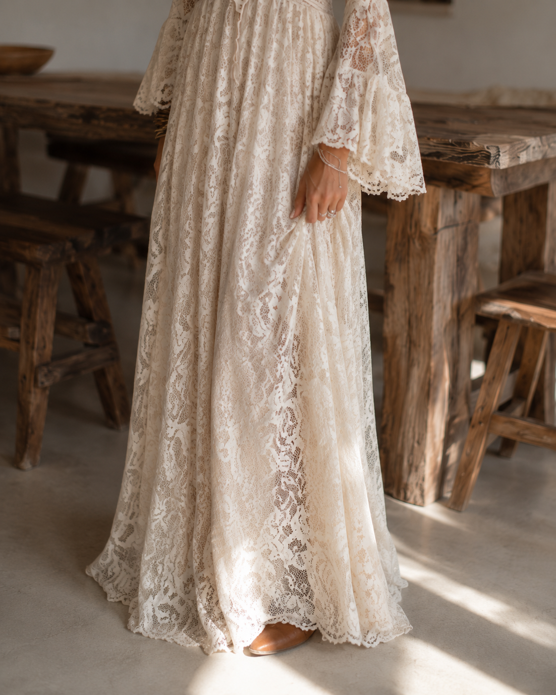 Serena | Ivory Lace Maxi Dress with Bell Sleeves
