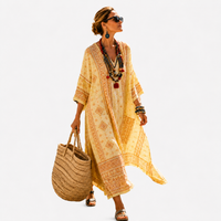 LONG KAFTAN | PALE YELLOW TRIBAL PRINT