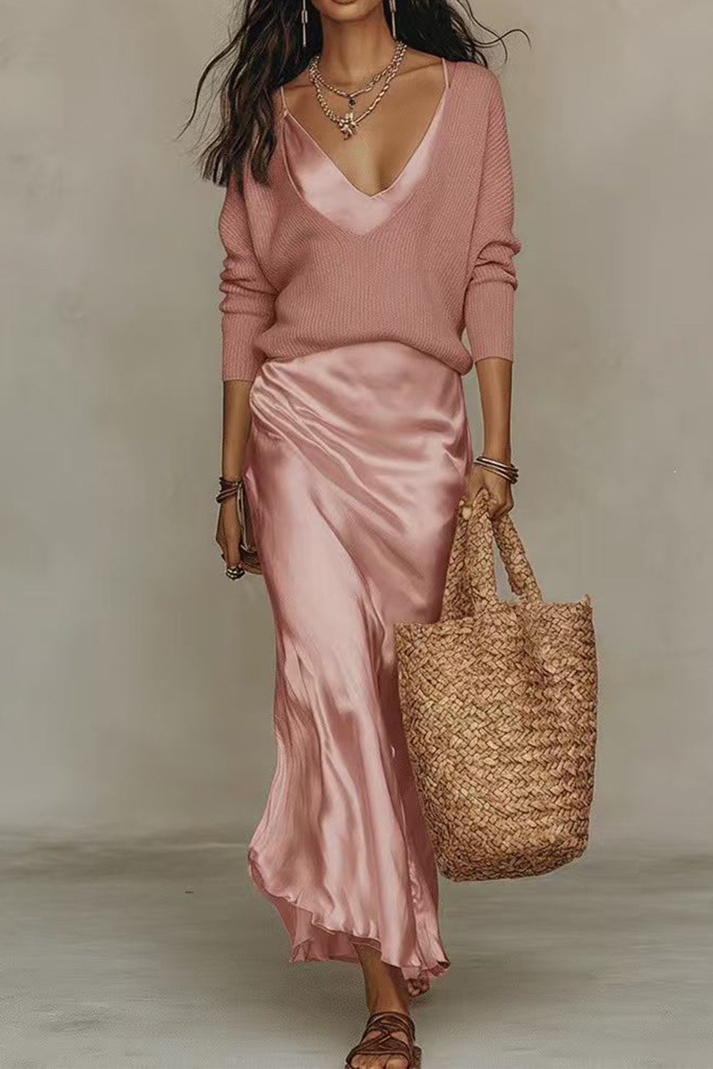 Jessa jumper and satin maxi dress set in pink, styled view