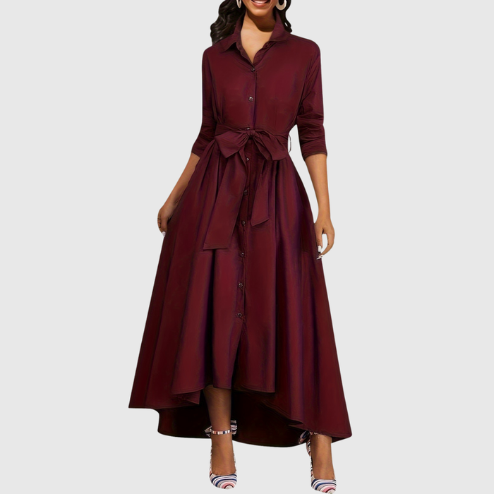 Livienne button-front maxi dress in crimson red, full-length front view