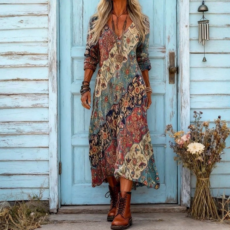 Verbena patchwork maxi dress in multicolour, styled with boots
