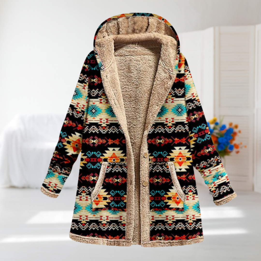 Ingrid hooded Aztec-print coat in black with cream, turquoise and orange motifs, front view