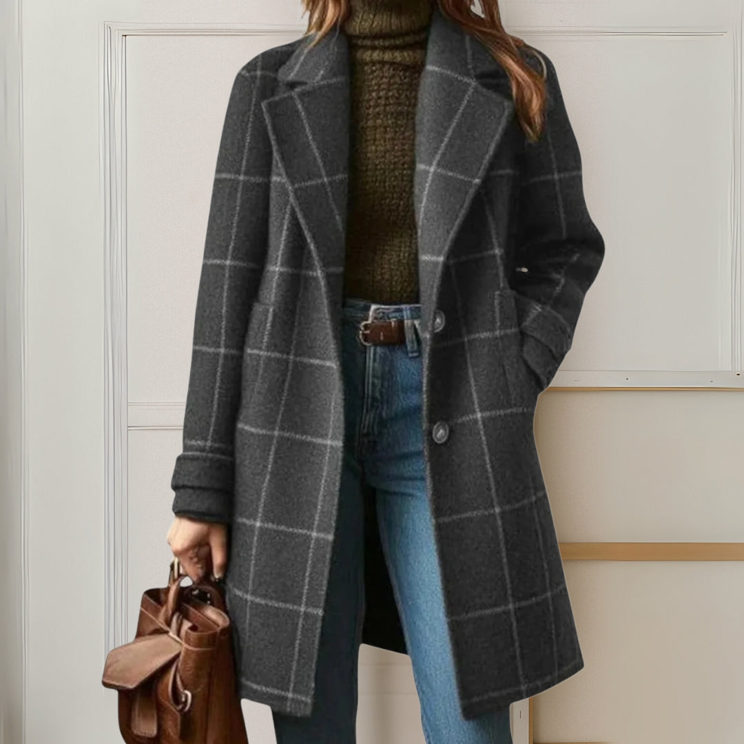 Mathilda long tweed-look check coat in black and white check, front view
