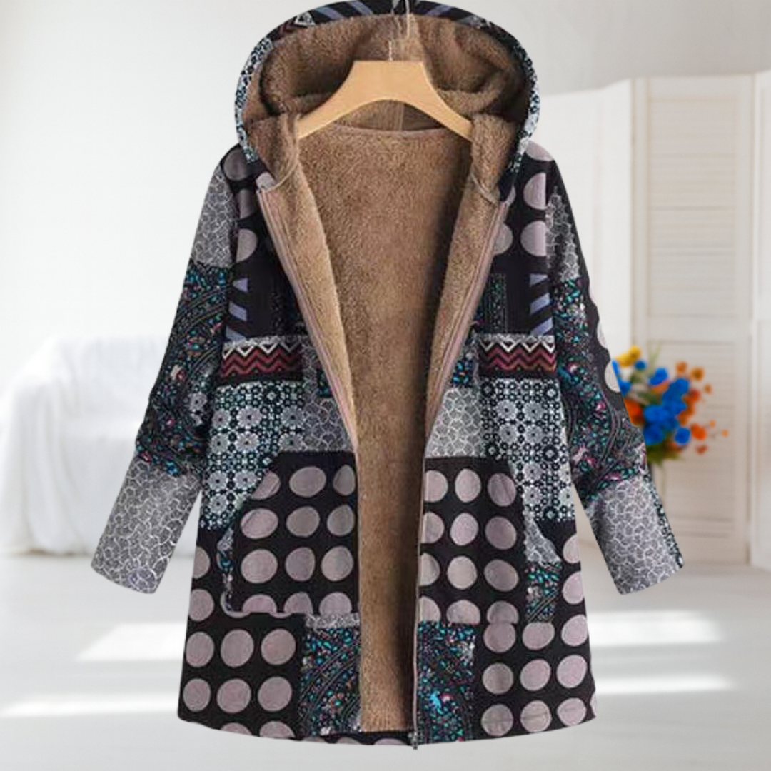 Rosalie hooded patchwork coat in black and grey with polka dots, open front view