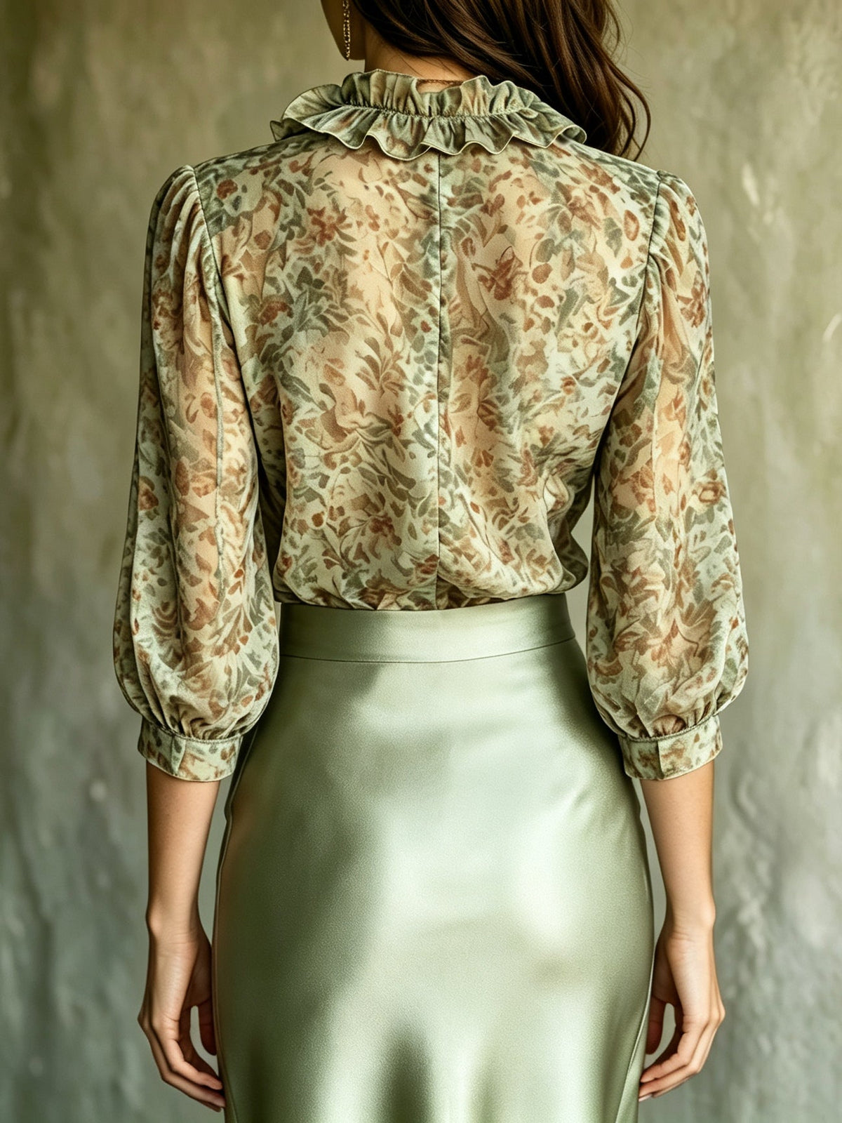 Maxine ruffled blouse and satin skirt set in sage green, back view of blouse and skirt