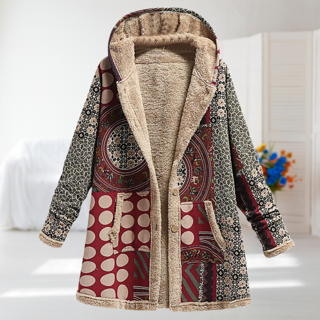 Janet hooded patchwork coat in red and green with polka dots and plush trim, front view