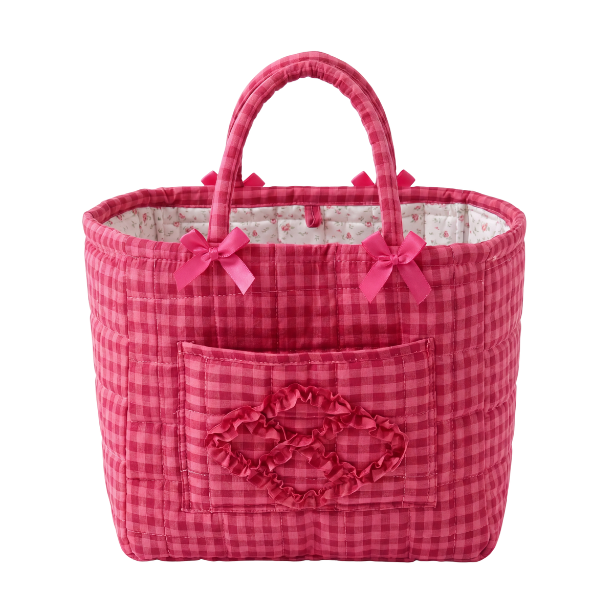 Poppy quilted everything basket in Raspberry Gingham, front view