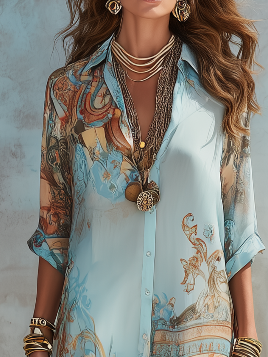 Eugenia | Vestito lungo in chiffon con stampa barocca e bottoni