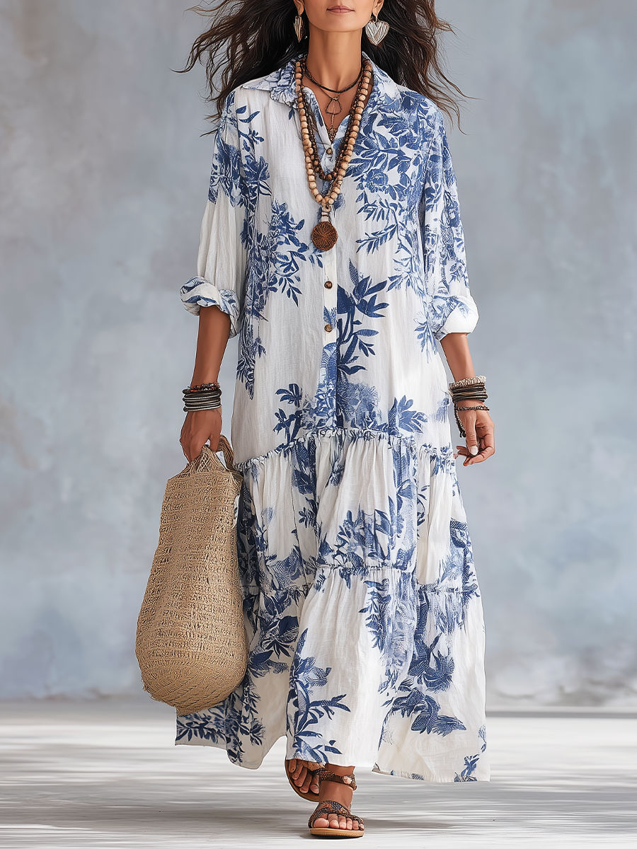 Heidi long blue floral dress in white and blue, full-length front view