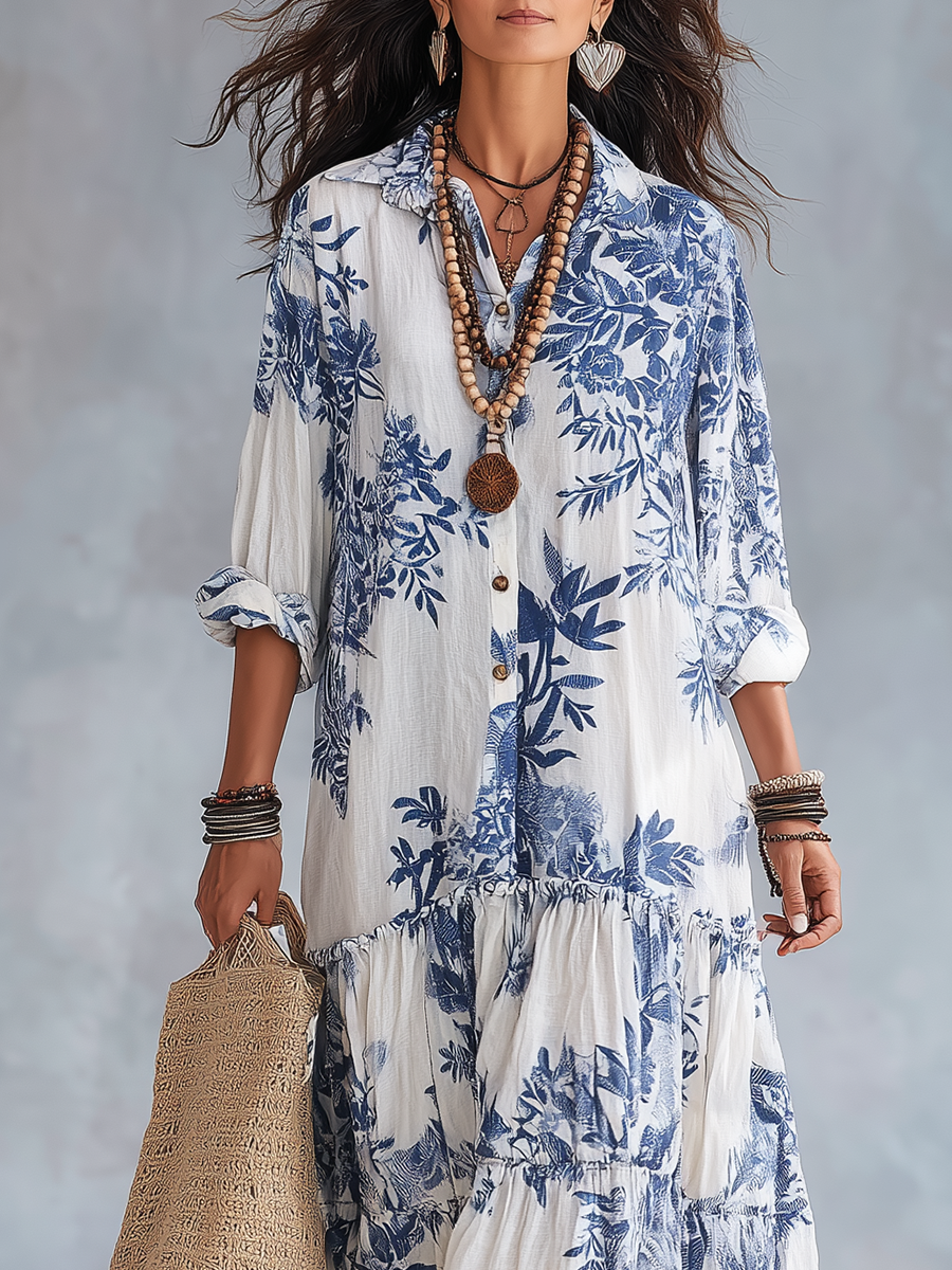 Heidi long blue floral dress in white and blue, close-up of collar and button front