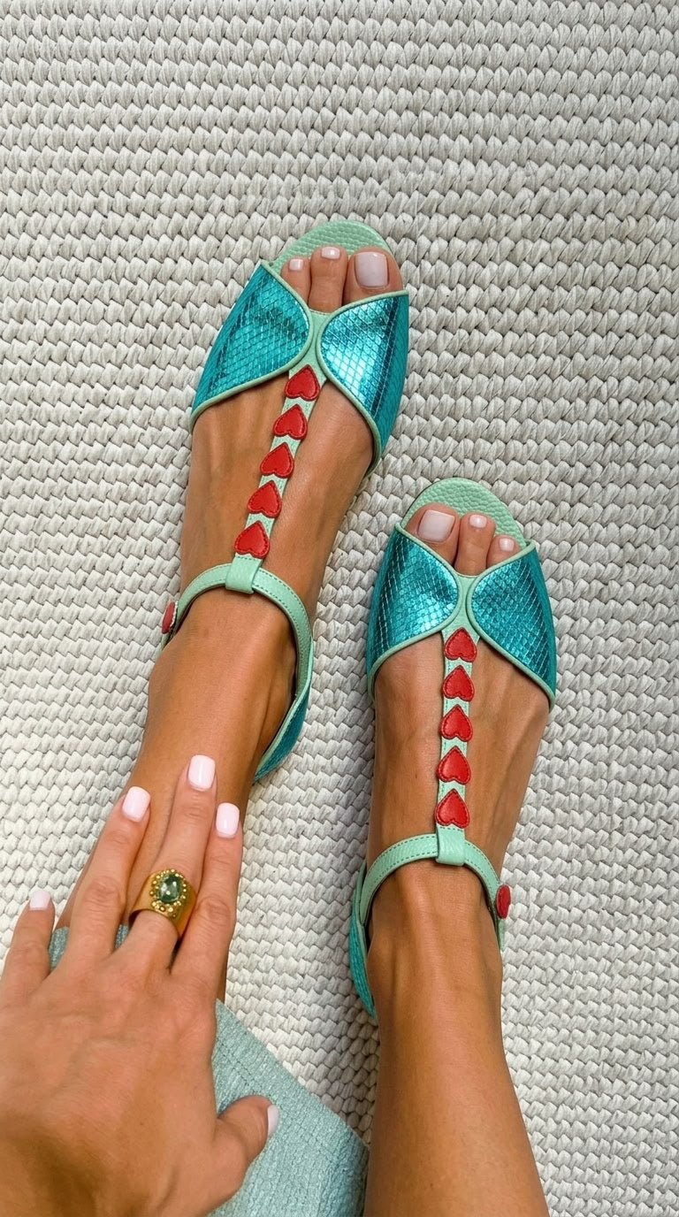 Teal and Red Peep-Toe Flat Sandals with T-Bar Strap and Heart Detail