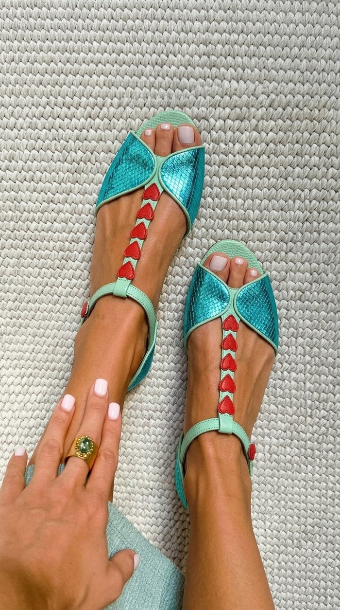 Teal and Red Peep-Toe Flat Sandals with T-Bar Strap and Heart Detail