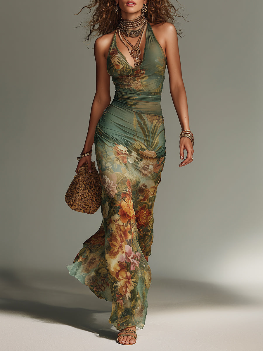 Davina floral halterneck maxi dress front view