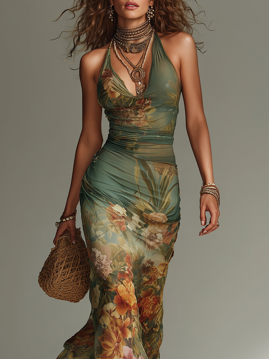 Davina floral halterneck maxi dress, view 6